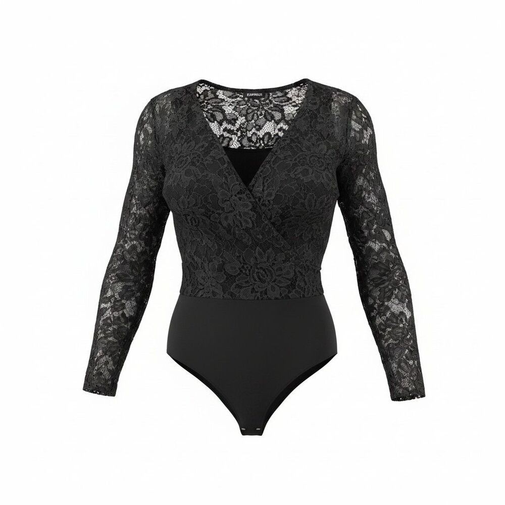 Express Black Lace Bodysuit Sz S Scalloped V Neck Long Sleeves Vamp Rave Goth